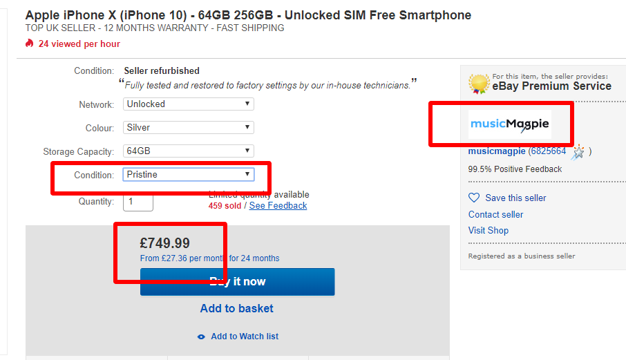 Apple iPhone X magpie price comparison with ebay